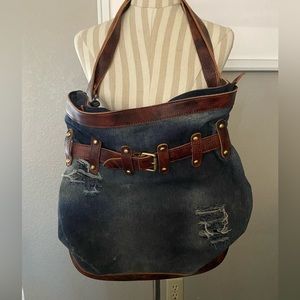 Distressed Denim and Leather Extra Large Backpack/Shoulder Bag